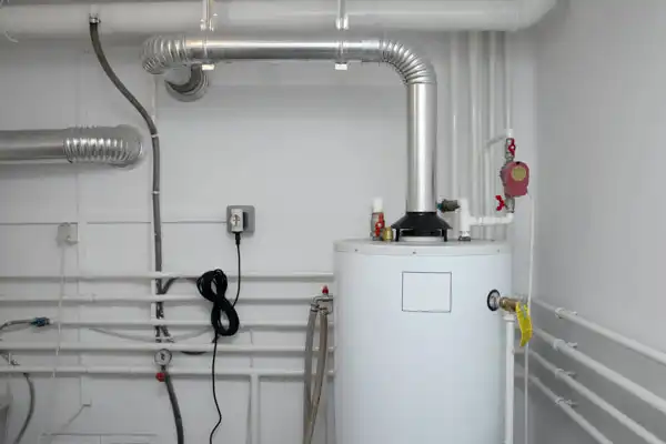 A white boiler tank with pipes connected stands against a wall in a utility room with exposed pipes and a power outlet.