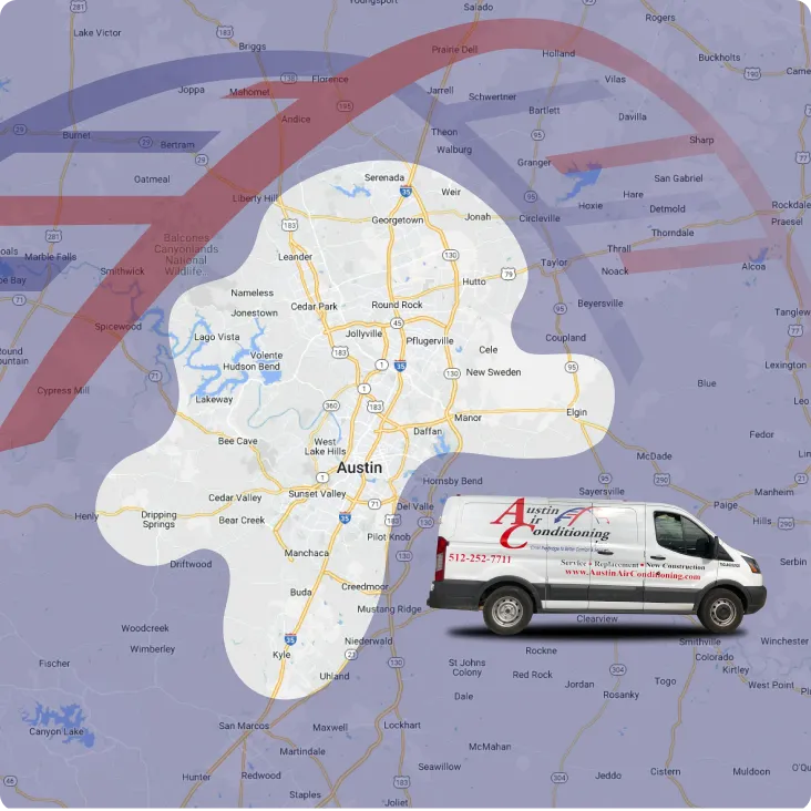 Map of Austin with a highlighted area, featuring an HVAC service van from Austin's A/C and Heating in the foreground.